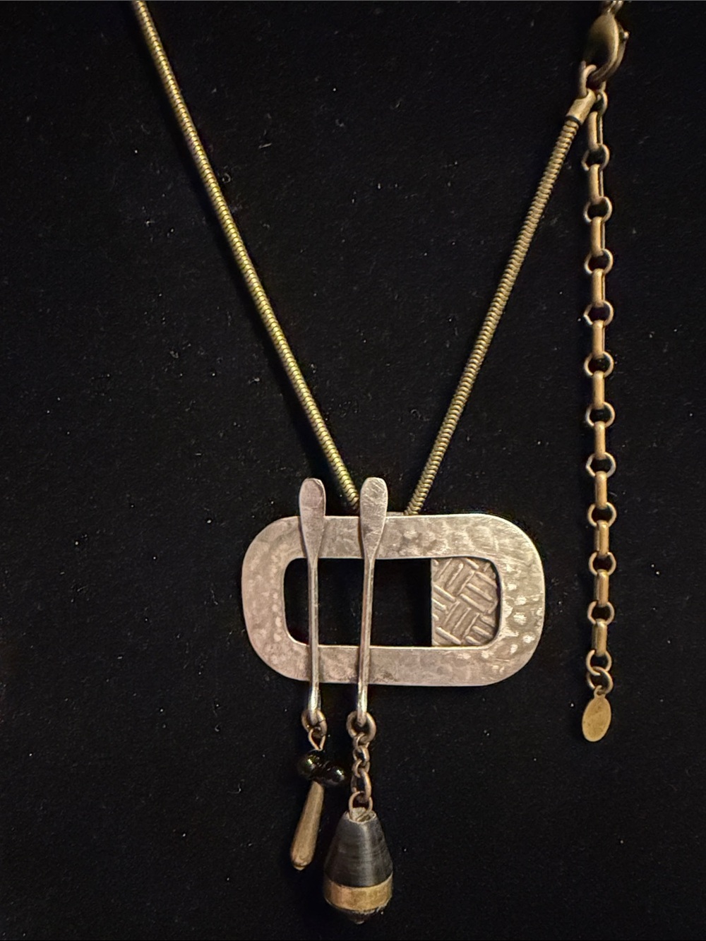 Vintage Marjorie Baer Hammered Metal Pendant Brooch w Black & Gold Accents -EUC